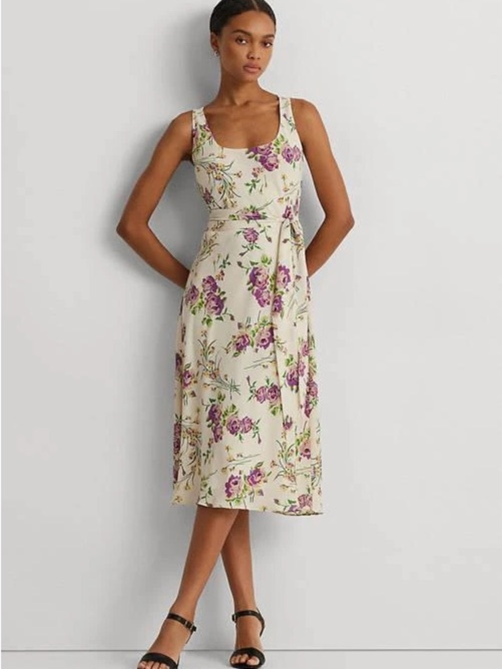 Lauren Ralph Lauren Floral Belted Crepe Sleeveless Dress